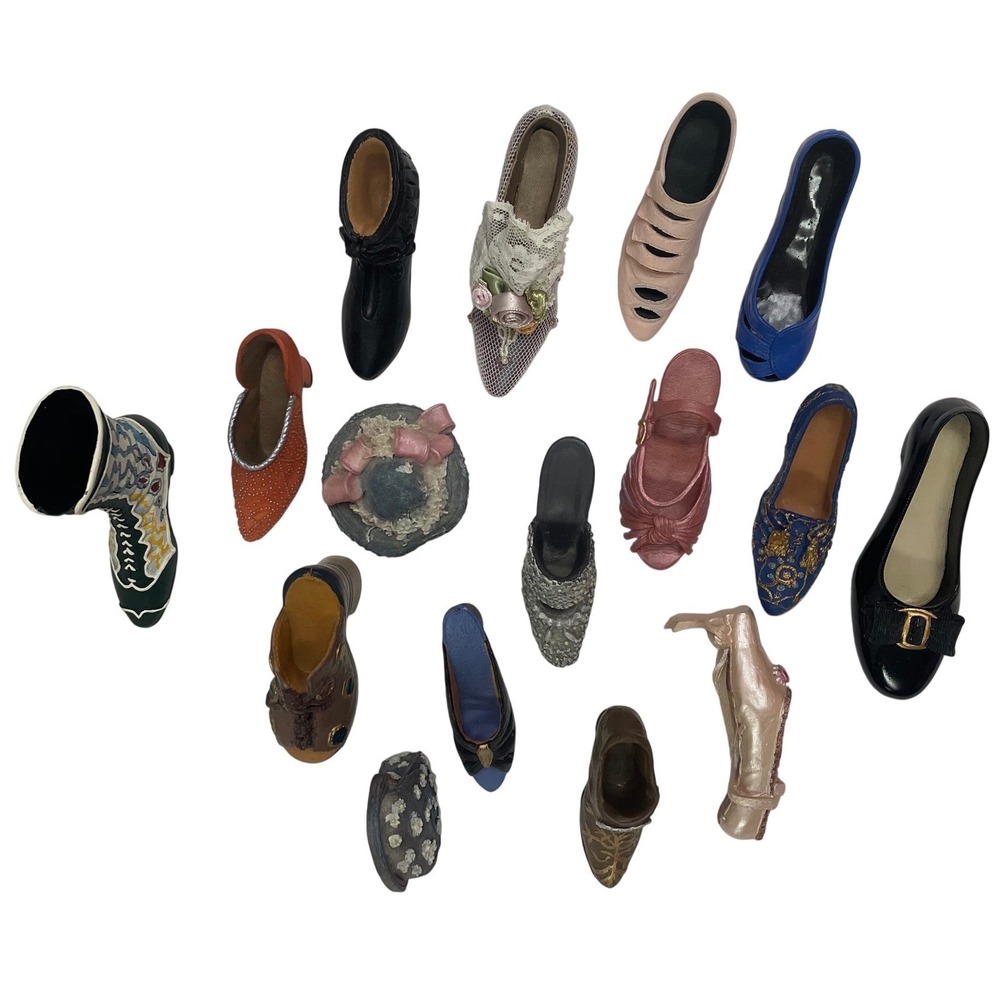 Vintage Miniature Shoe Figurine Lot 15pc Resin Heels Boots Handbag Hat Decor